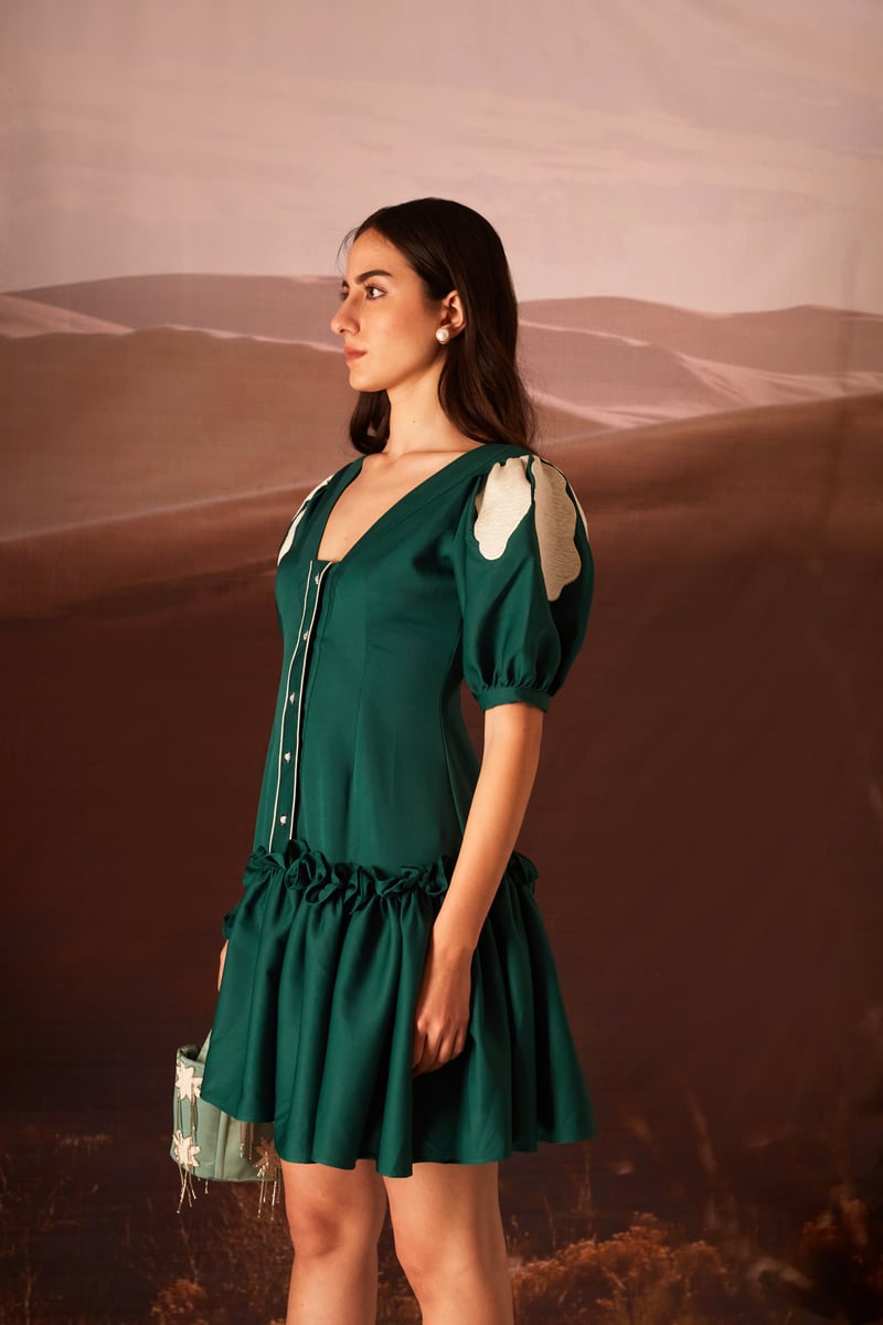 Green Fit and Flare Mini Dress with Puff Sleeves