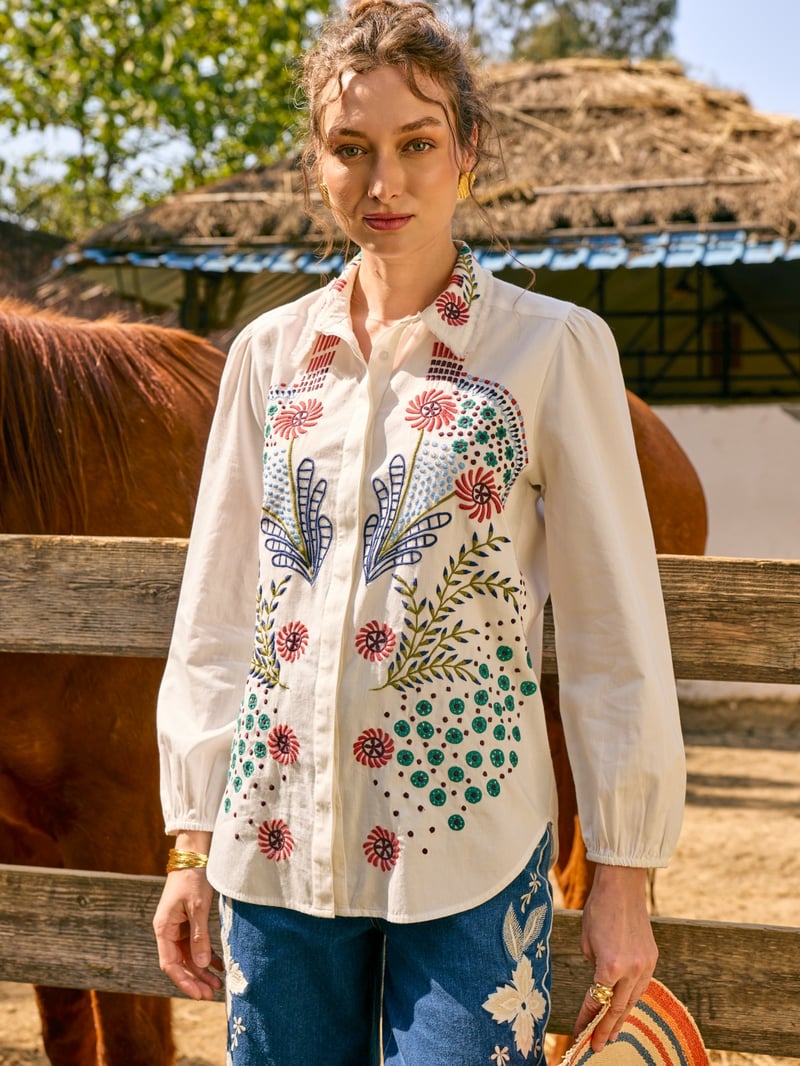White Embroidered Cotton Button-Down Shirt