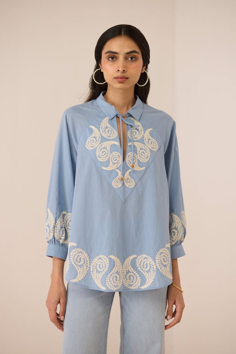 Dusty Blue Cotton Embroidered Oversized Blouse