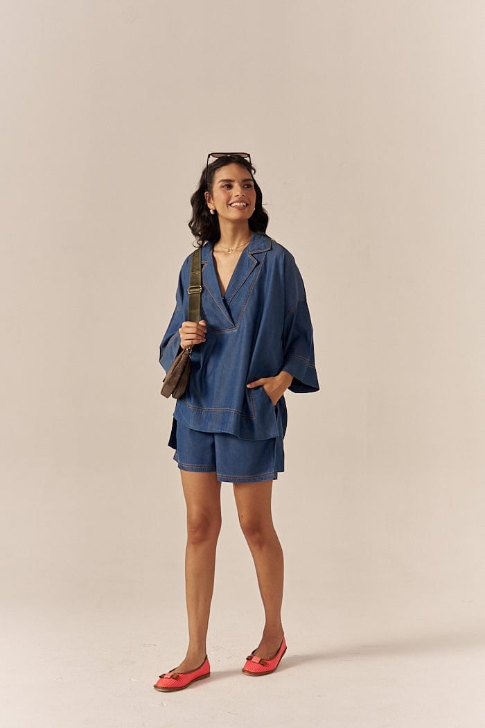 Blue Lapel Shirt and Mid-Rise Shorts Co-ord Set