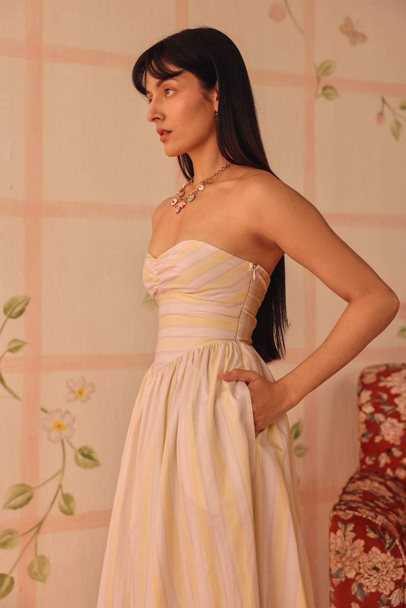 White and Yellow Striped Strapless Fit and Flare Midi Dress