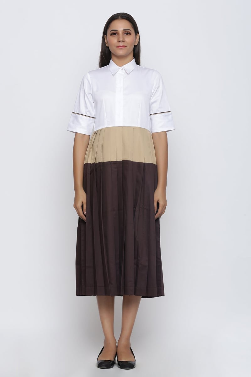 Colorblock Pleated Midi Shirt Dress