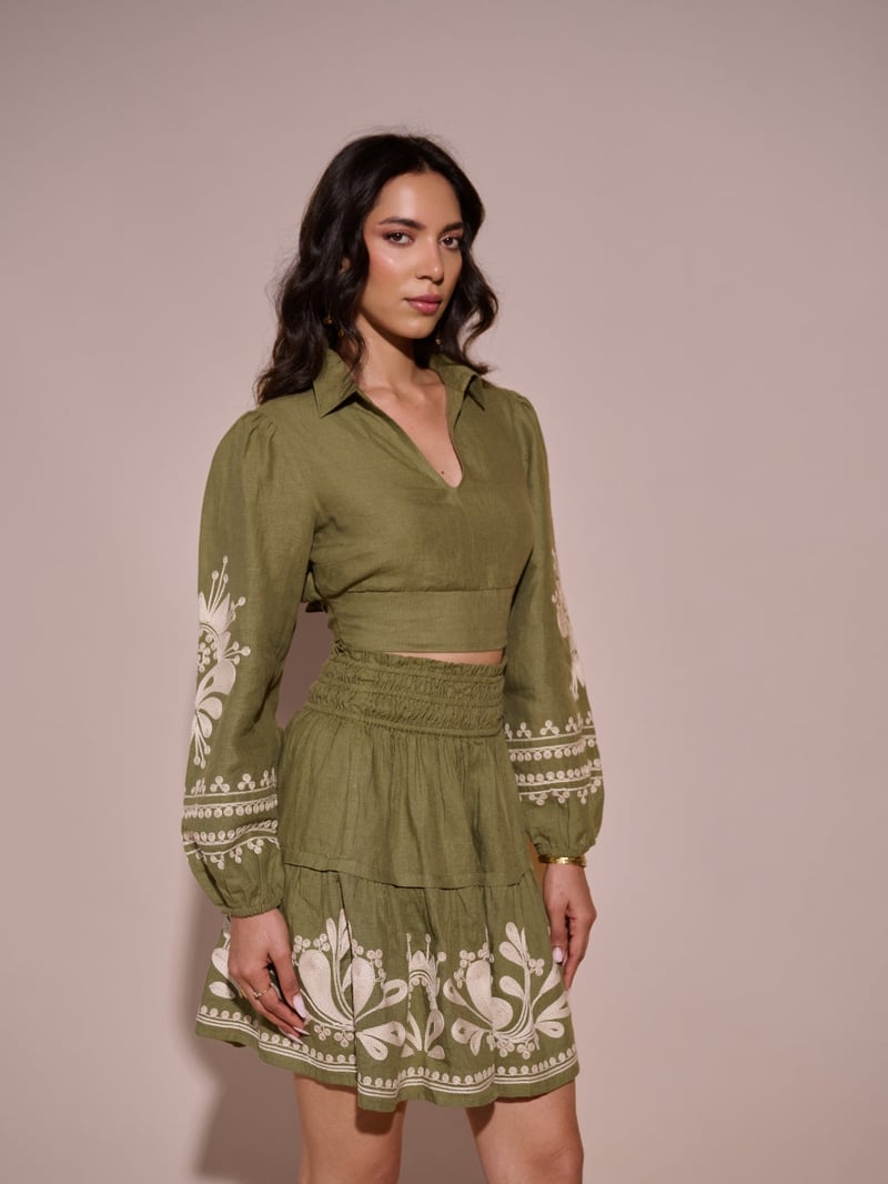 Green Linen Tiered Mini Skirt with Embroidered Hem
