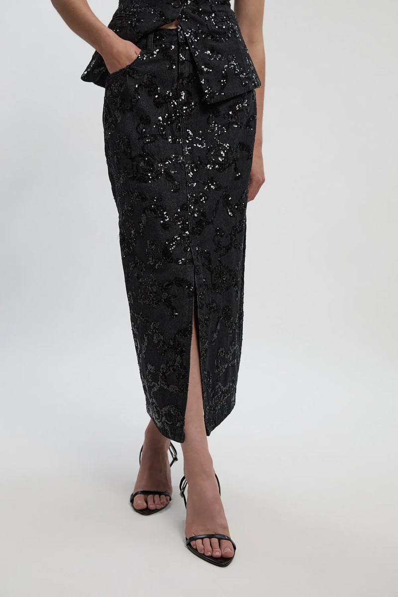 Black Sequin Floral Midi Pencil Skirt with Front Slit — KAREN MILLEN