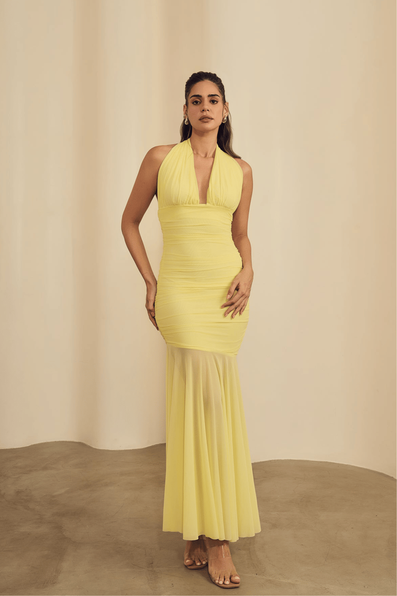 Yellow Halter Neck Ruched Bodycon Maxi Dress