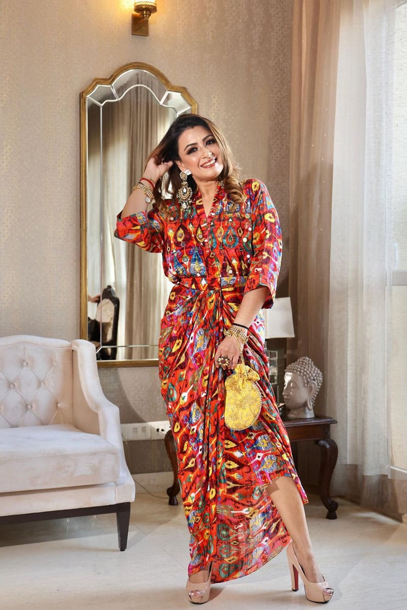 Red Marrakech Print Draped Wrap Midi Dress
