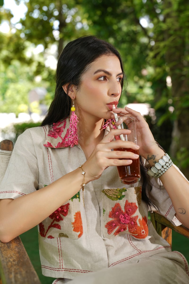 Natural Linen Cropped Shirt with French Knot Embroidery