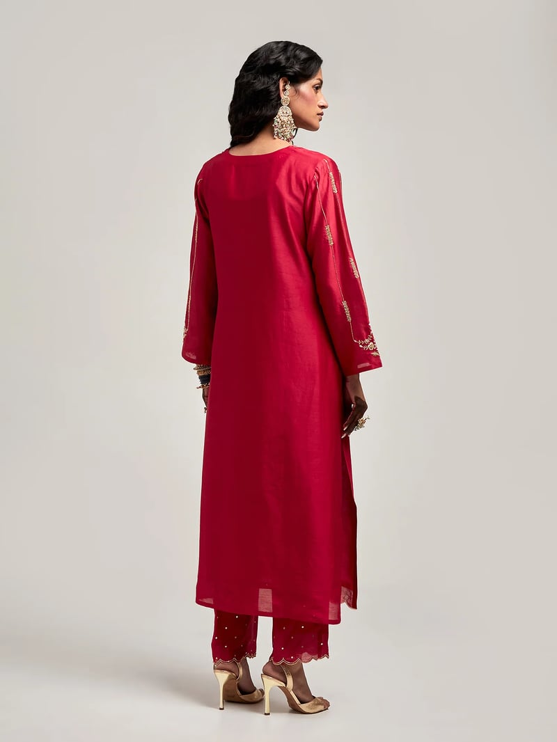 Red Silk Chanderi Embroidered Straight Kurta