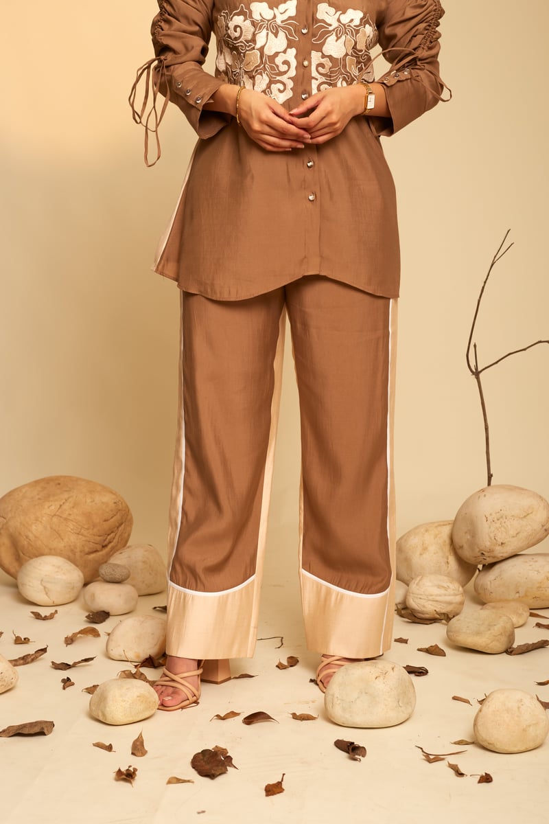 Brown and Cream Colorblocked Embroidered Co-ord Set