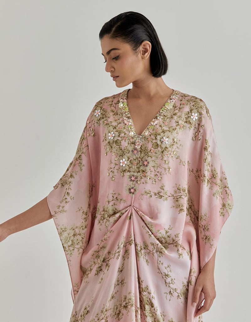 Pink Jardin Flou Printed Kaftan Embroidery