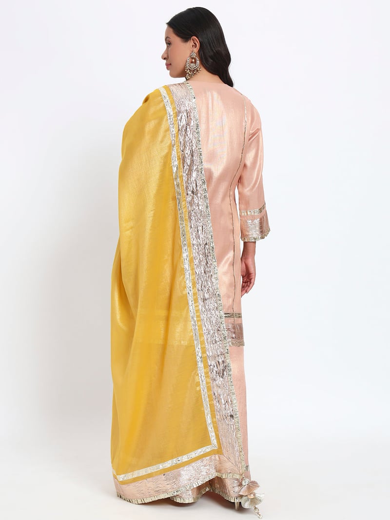 Peach Cotton Tissue Kurta Sharara Set With Gotta Patti