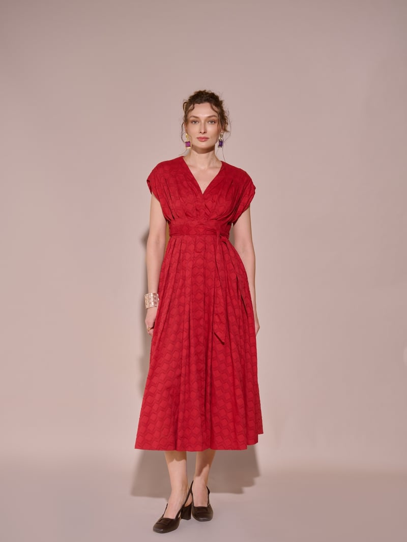 Red Textured Fit and Flare Midi Dress with Waist Sash