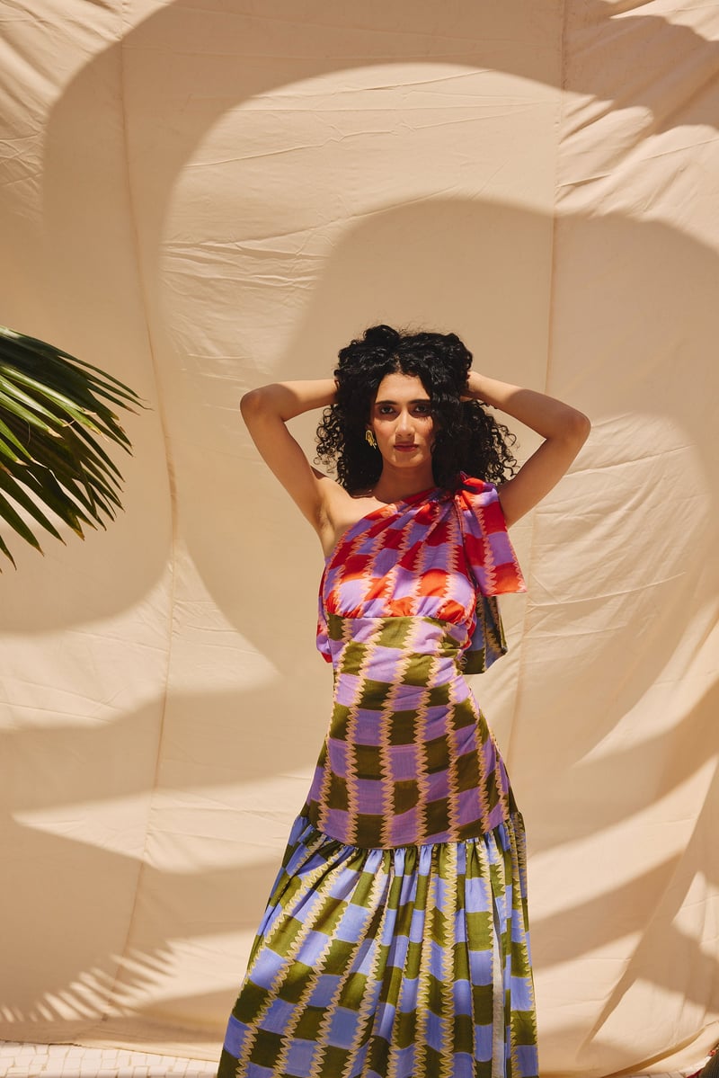 Multicolor One-Shoulder Printed Maxi Dress with Slit