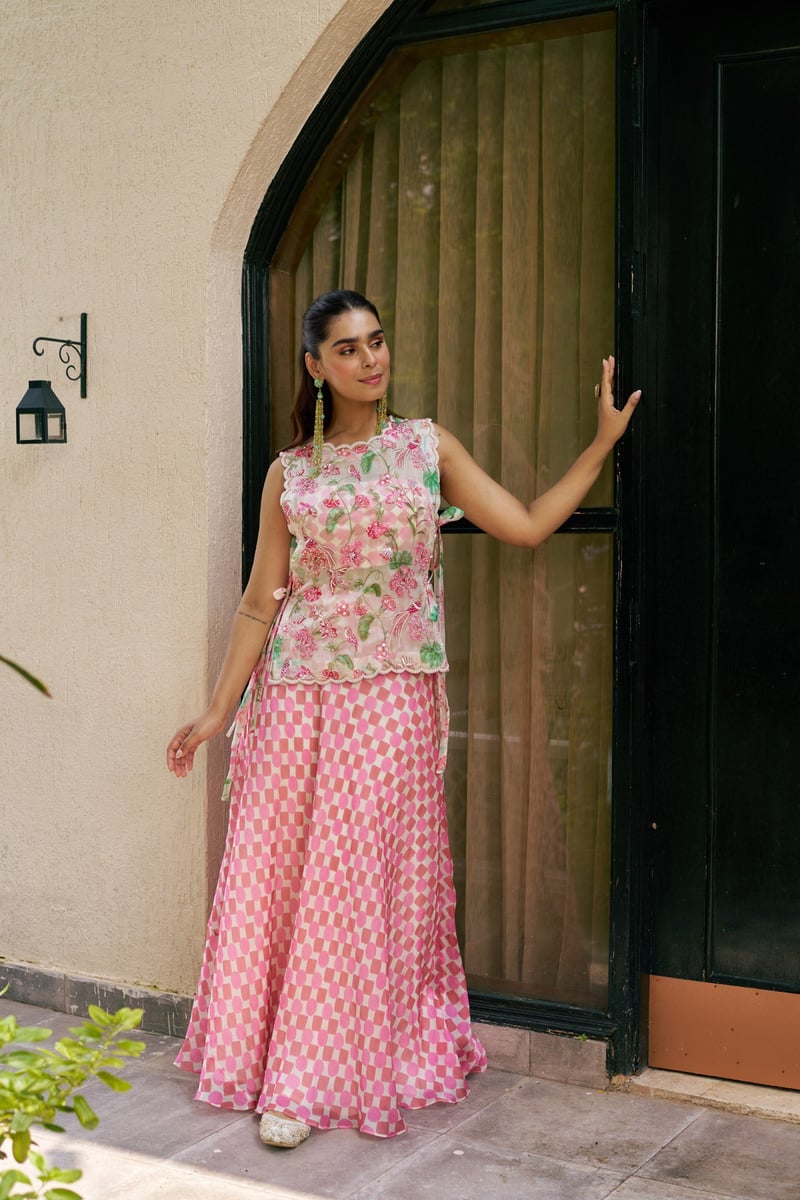 Ivory and Pink Printed Bib Top and Maxi Skirt Co-ord Set