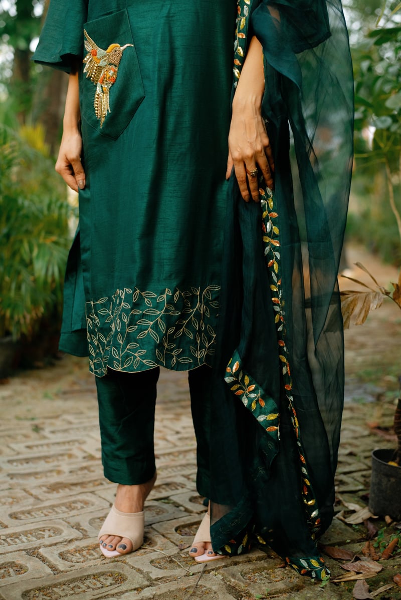 Green A-Line Kurta Set with Boat Neck and Embroidered Pocket