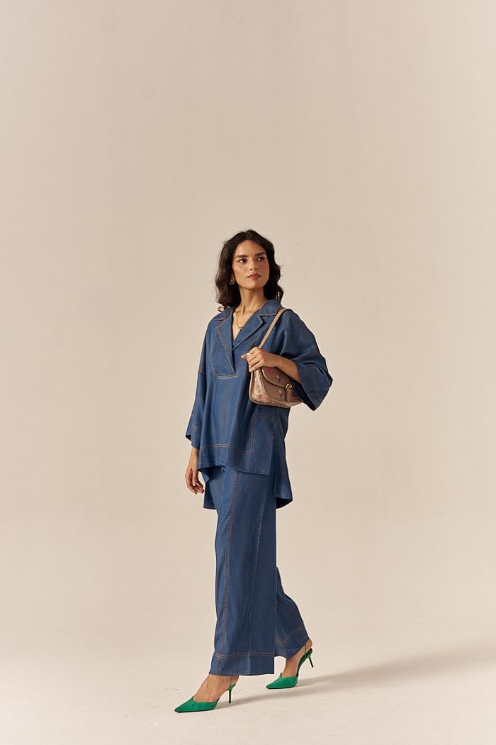 Blue Lapel Shirt and Flared Pants Co-ord Set