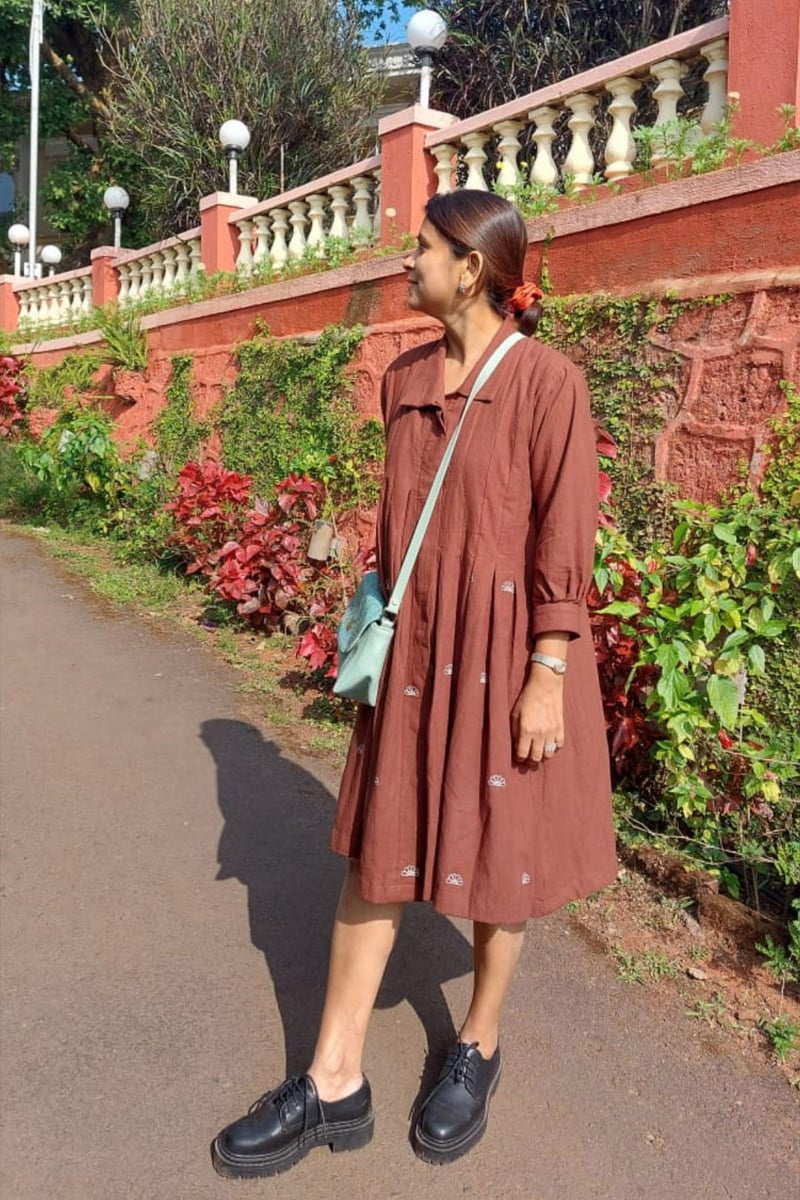Cinnamon Khadi Pleated Midi Shirt Dress