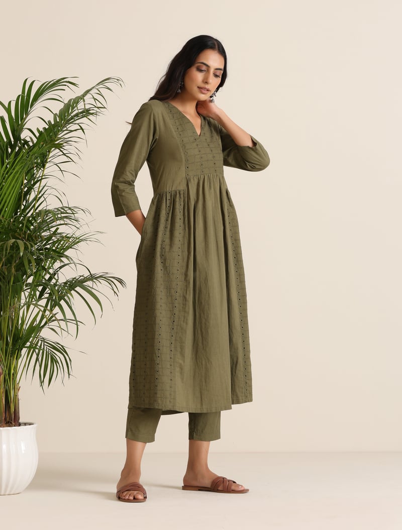 Olive Cotton Cutwork Embroidered Kurta Set