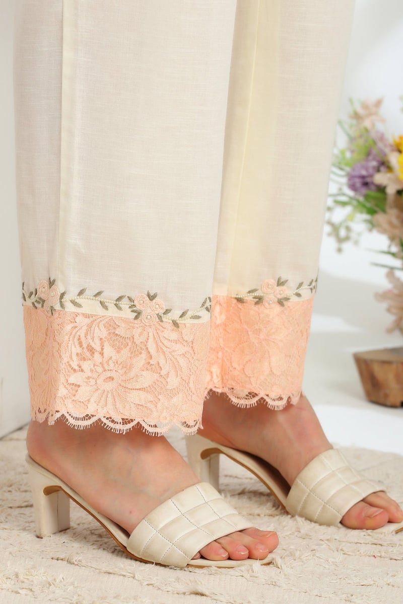 Florea Peach Hand Embroidered French Lace Silk Linen Co-Ord Set