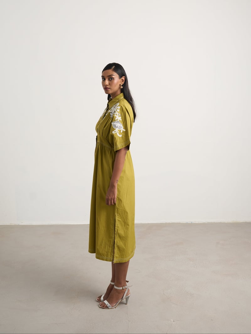 Green Embroidered Button-Down Cotton Midi Shirt Dress