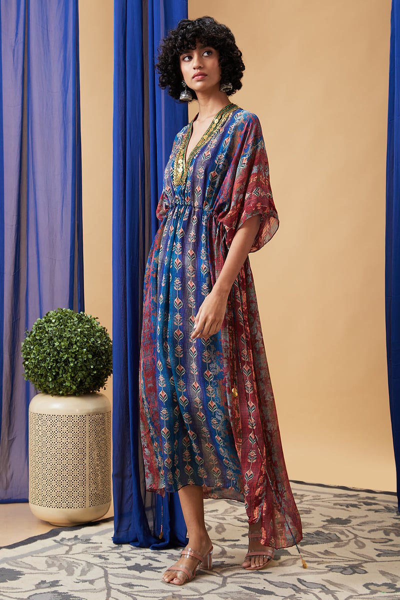 Beige Printed Chiffon Kurta Set with Embellished V-Neck