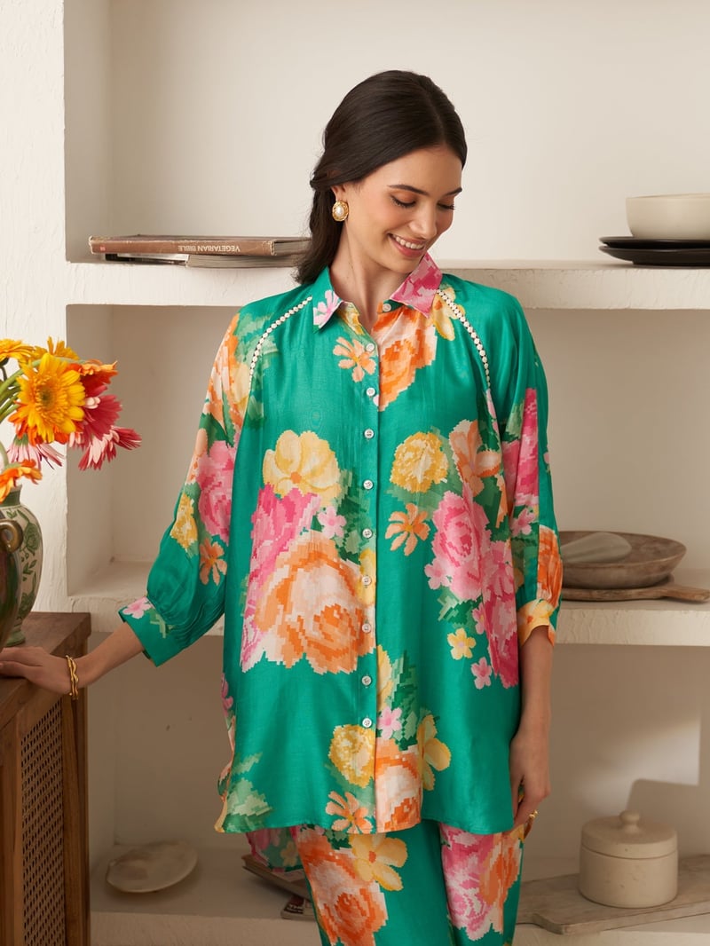 Green Floral Silk Shirt and Pants Co-ord Set