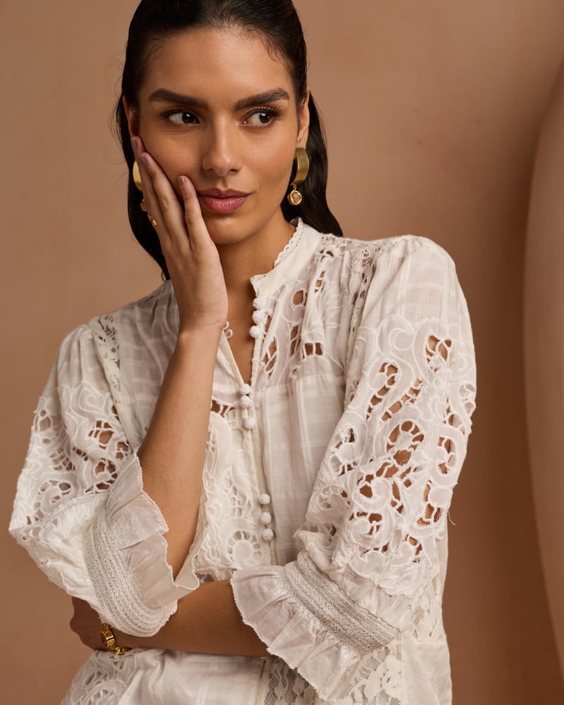 White Cotton Lace Insert Mandarin Collar Top
