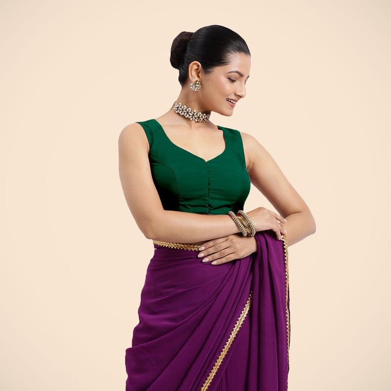 Bottle Green Sleeveless V-Neck Front Open Saree Blouse
