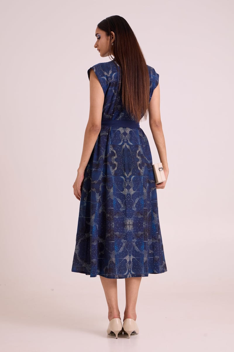 Indigo Printed Linen Wrap Midi Dress with Tie Belt