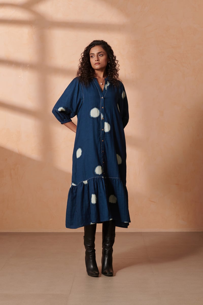 Indigo Dot Midi Shirt Dress in Double Gauze Cotton