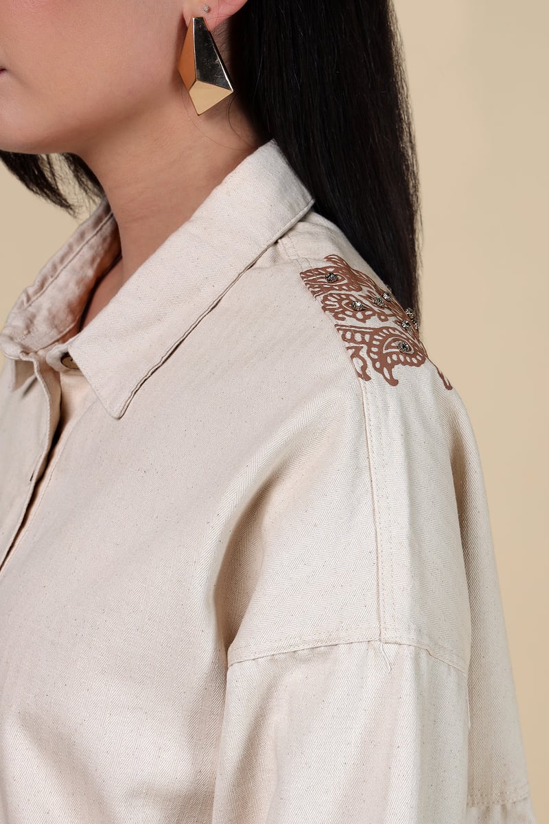 Beige Relaxed-Fit Button-Down Shirt with Back Motif