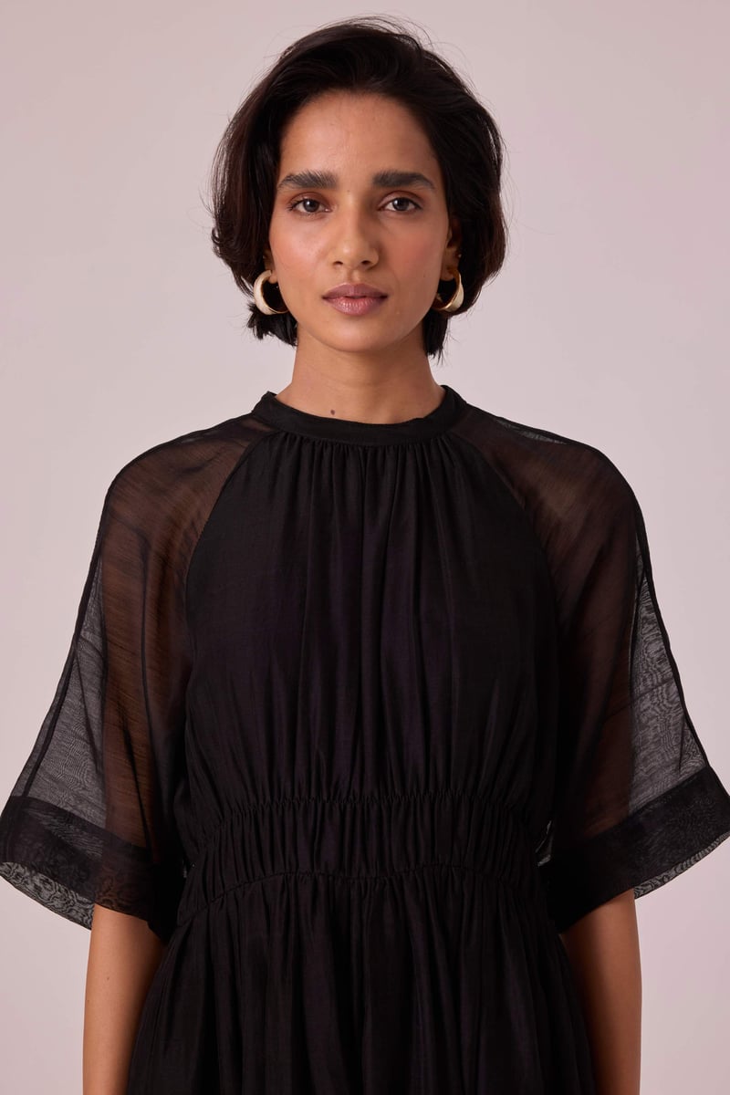 Black Handwoven Chanderi Maxi Dress with Ruched Waist