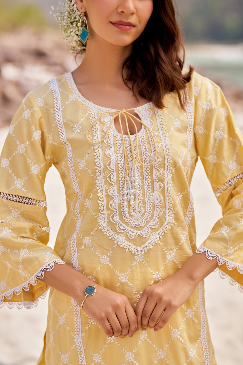 Yellow Cotton Embroidered Kurta Set With Dupatta