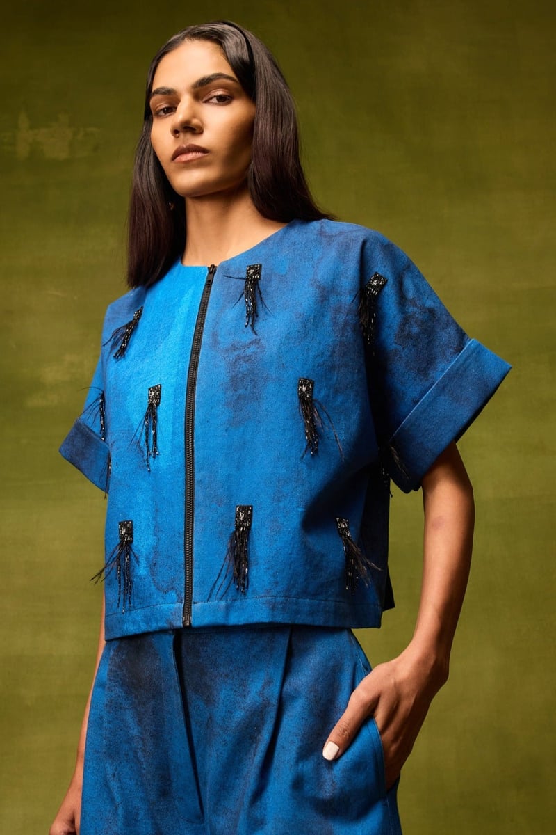 Blue Abstract Print Boxy Crop Top with Front Zipper