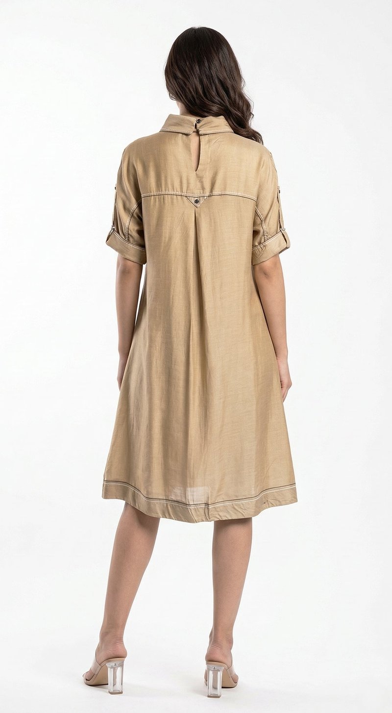 Beige Cotton Silk A-Line Midi Dress with Patch Pockets