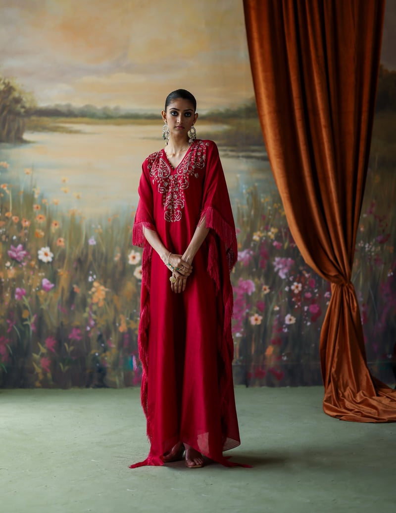 Scarlet Embroidered Silk Chanderi Kaftan Set