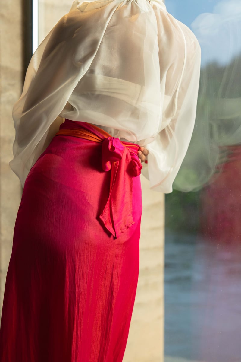 Raspberry Pink Glossy Midi Wrap Skirt with Back Tie-Up