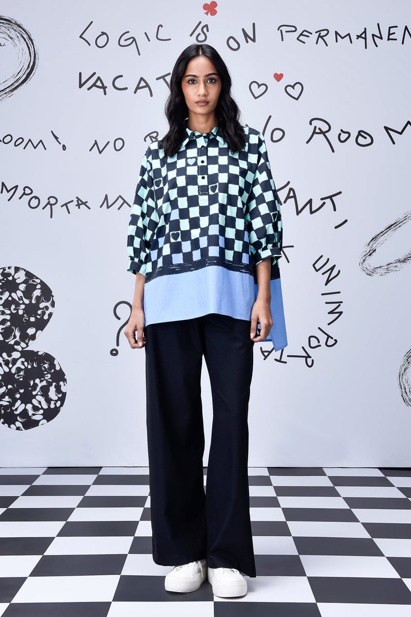 Blue Green Chessboard Check Free Size Oversized Shirt — Genes Lecoanet Hemant