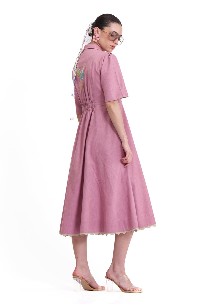 Rosewood Denim Fit and Flare Midi Dress with Zip Front