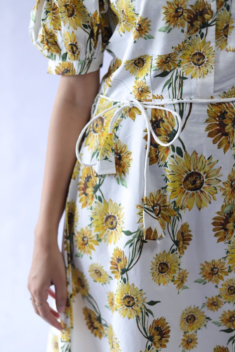 White Sunflower Print Poplin Shirt Dress with Tie Belt