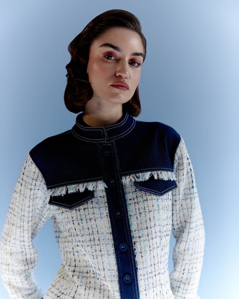 White Tweed and Denim Colorblock Tailored Jacket