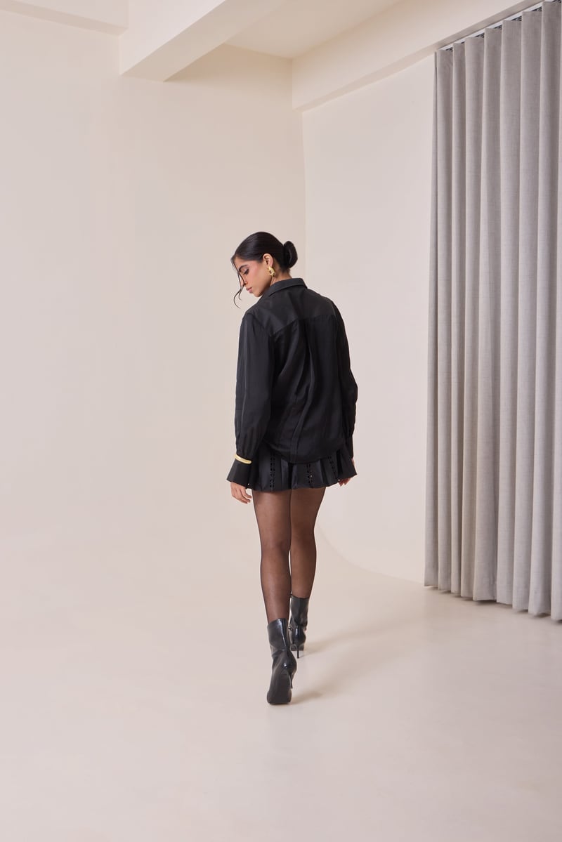 Black Satin Organza Applique Button-Down Shirt