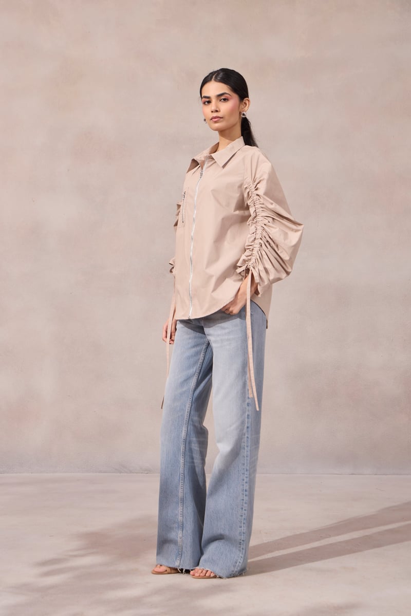 Lavender Zip-Front Shirt with Ruched Sleeves