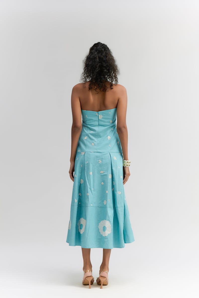 Aqua Blue Cotton Denim Halter Neck Dress