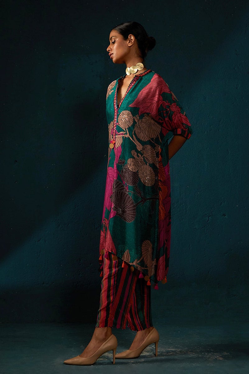 Bottle Green Printed Chiffon Kurta Set with Striped Pants