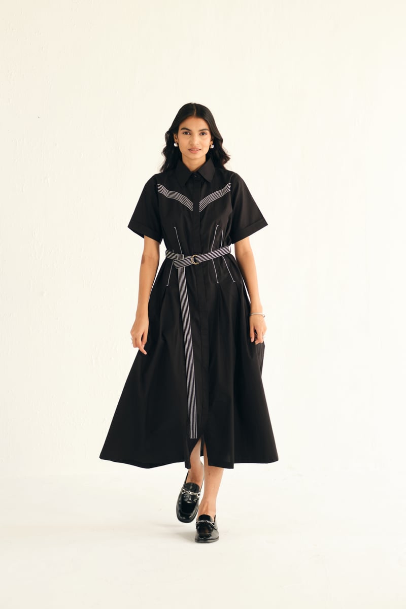 Black Poplin Midi Shirt Dress with Contrast Stitch Belt