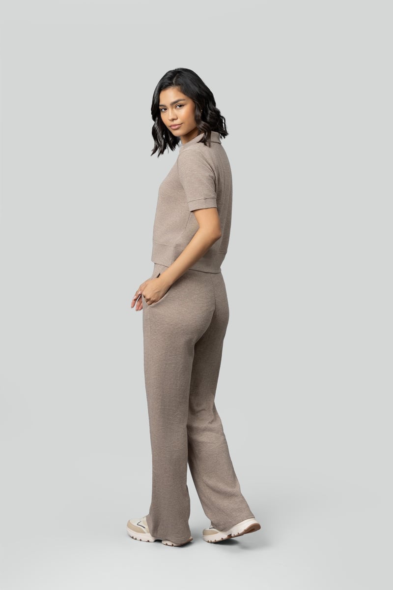 Beige Ottoman Rib Flared Lounge Pants