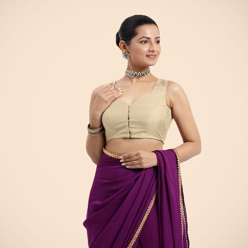 Cream Sleeveless Curved V-Neck Front-Open Saree Blouse