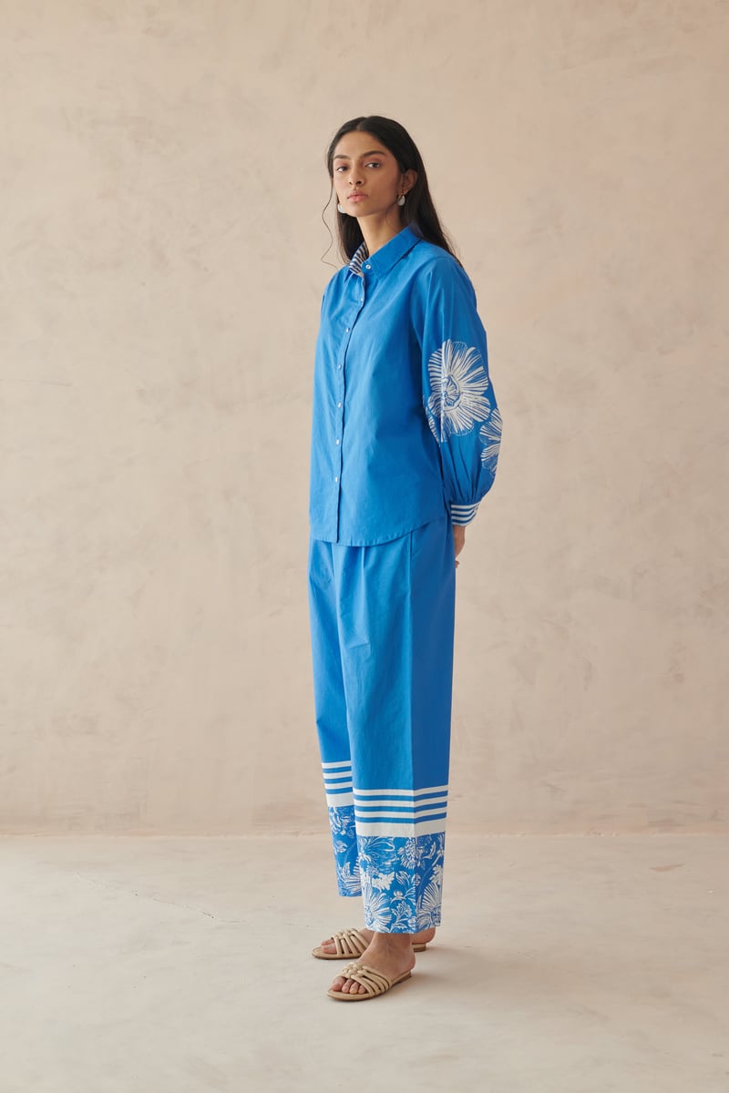 Blue Cotton Shirt with Floral Sleeve Placement Print