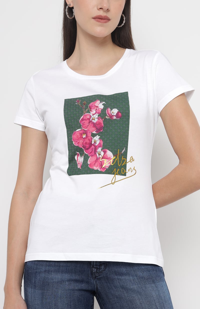 White Cotton Crew Neck T-shirt with Floral Graphic Print